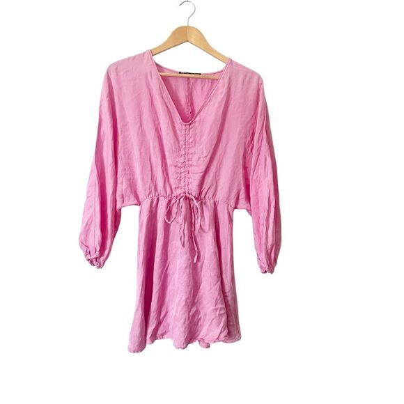 Zara Pink Ruched Front‎ V-Neck 3/4 Sleeve Mini Dress Size Medium - Picture 1 of 4